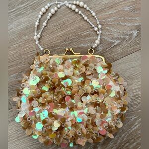 Cache Vintage Gold Sequin Evening Clutch with Pearl Handle.